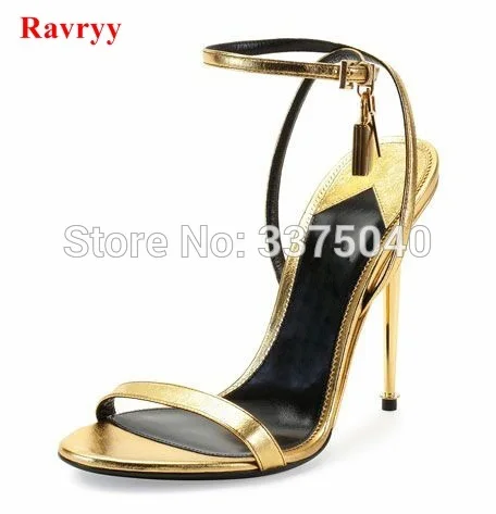 

Ravryy Sexy women summer open toe gold high heels lock ankle strappy strap shoes metal heel gladiator sandals