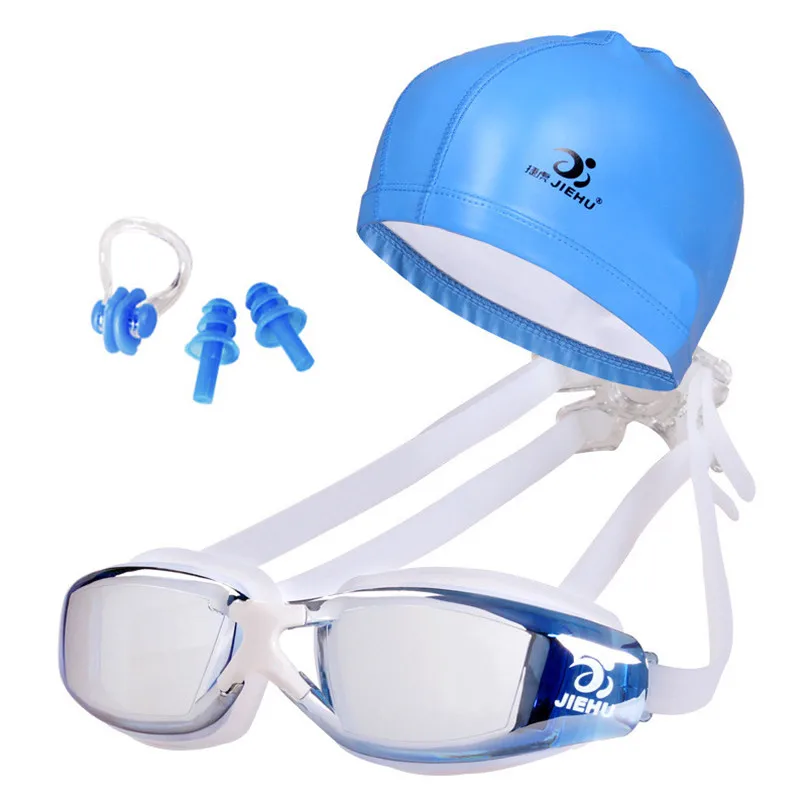 New Professional Swimming Goggles Anti-Fog UV Adjustable Plating Men Women Waterproof Silicone glasses with Swimming cap #3J10#F (8)