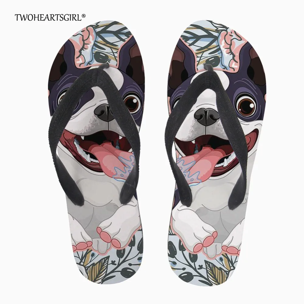 

Twoheartsgirl Cute Boston Terrier Flip Flops for Women Designer Female Ladies Rubber Flipflops Floral Style Women Home Slippers