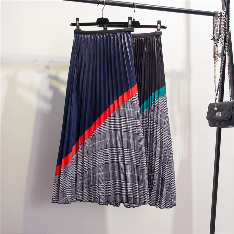 

Grid splicing skirts girl restoring ancient ways new 2019 color printing elastic waist pleated skirt long skirts women