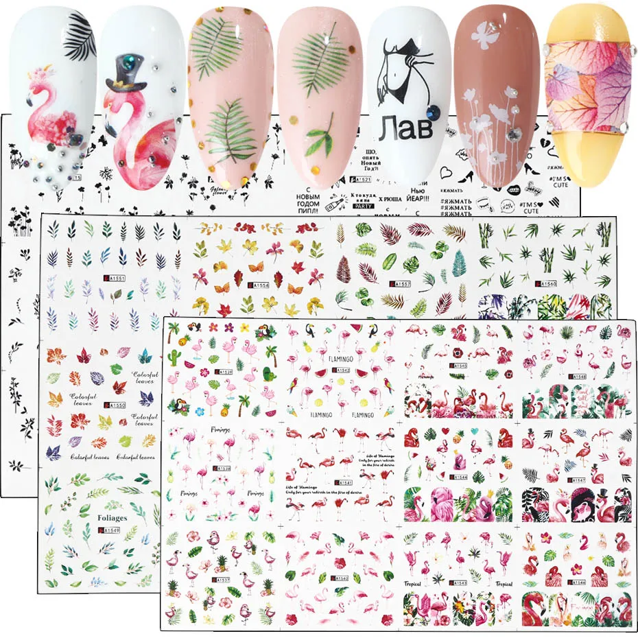 

12pcs Flamingo Leaf Flower Nail Sticker Russian Letter Maple Summer Water Transfer Slider DIY Nail Art Decoration JIA1513-1560-1