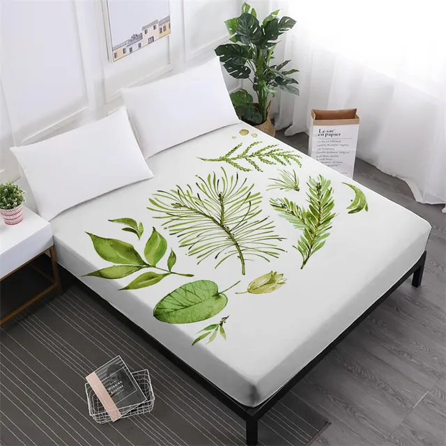 Blue Green Leaves Bed Sheets Plant Print Fitted Sheet Summer Bedclothes