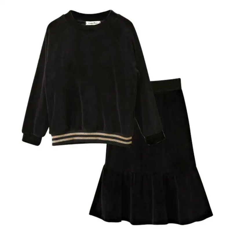 Для маленьких девочек-подростков черный велюр рубашка с длинными рукавами+ юбка Комплект из 2 предметов бархат Детская одежда 4, 6, 8, 10, 12, 14 лет JW4178