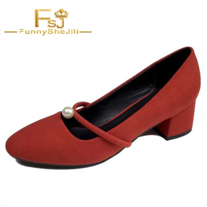 Women�s Coral Red Suede Pearl Decorated Low Heel Mary Jane Women�s Coral Red Suede Pearl Decorated Low Heel Mary Jane