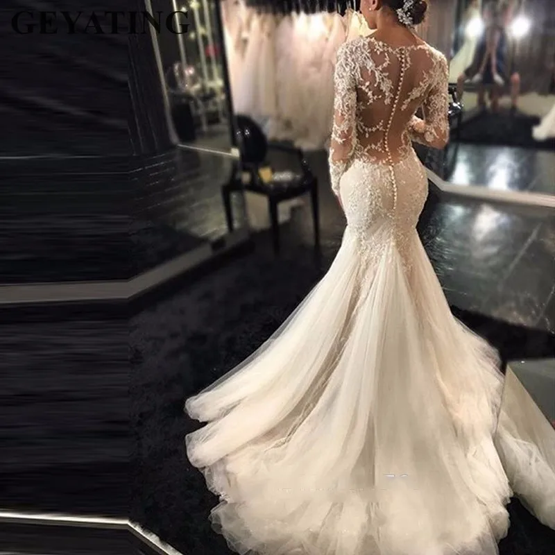 Элегантное винтажное кружевное свадебное платье с длинными рукавами и рюшами, свадебное платье русалки, аппликации из Саудовской Аравии, свадебное платье с блестками es