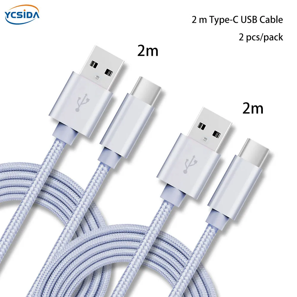 Розовый 2 м 2 шт./упак. 2.4A Тип C USB-C для передачи данных в нейлоновой Зарядное устройство кабель для samsung S10/LG G6/huawei P30/xiao Mi 8/OPPO R17/vivo NEX кабель - Тип штекера: Silver 2m 2pcs