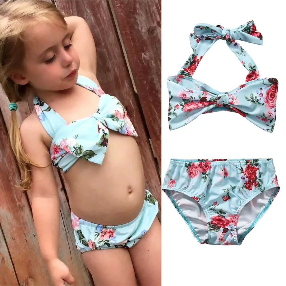 Lovely Kids Baby Girls Flower Bowknot Bikini Set Swimwear Swimsuit Bathing Beach
