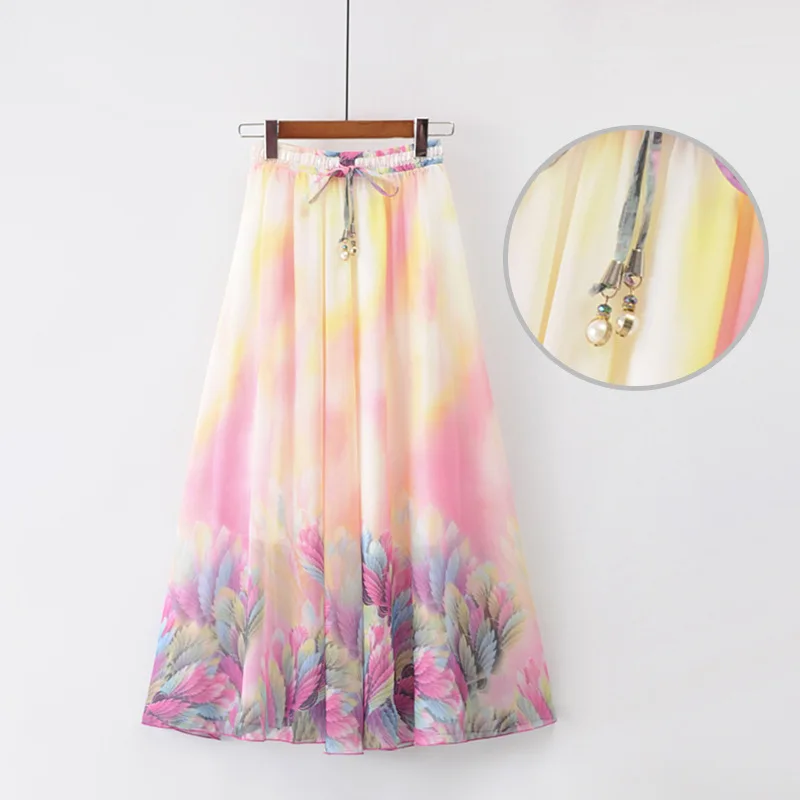 Летние модные женские юбки, универсальные шифоновые юбки с эластичной резинкой на талии, элегантная фатиновая юбка с цветочным принтом, богемная длинная юбка - Цвет: 11
