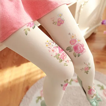 

New 80d Rose Lady's Velvet Bottom Pantyhose No Tape Silk Sweet Printed Rose Floral Lolita Girls Leg Cover Wholesale