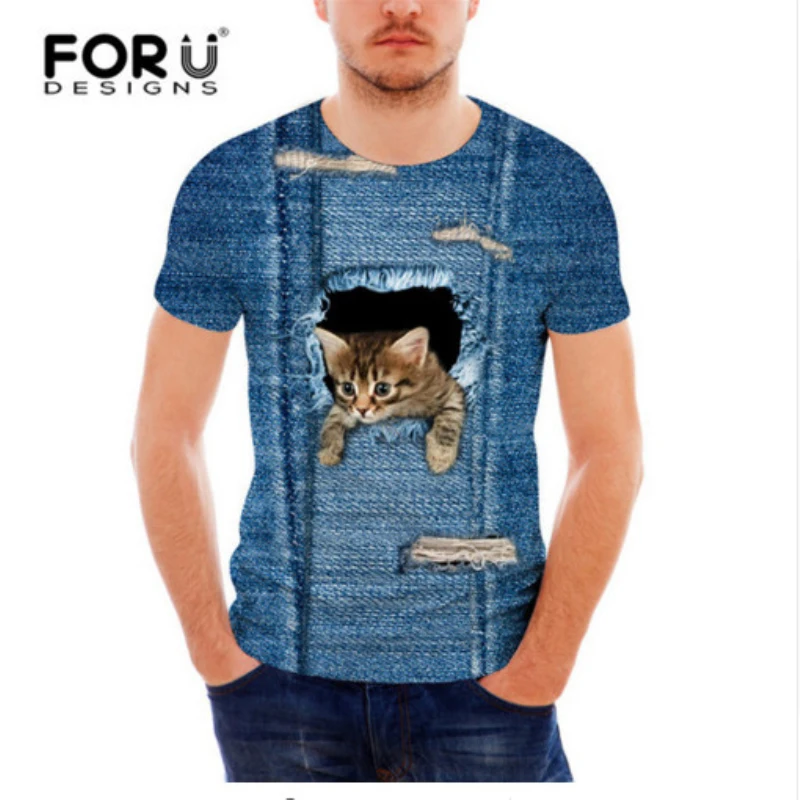 FORUDESIGNS T- 셔츠 남성 짧은 소매 3D 데님 고양이 개 T 셔츠 남성 캐주얼 티 슬림 맞는 참신 남성 T- 셔츠 Camisa Masculina