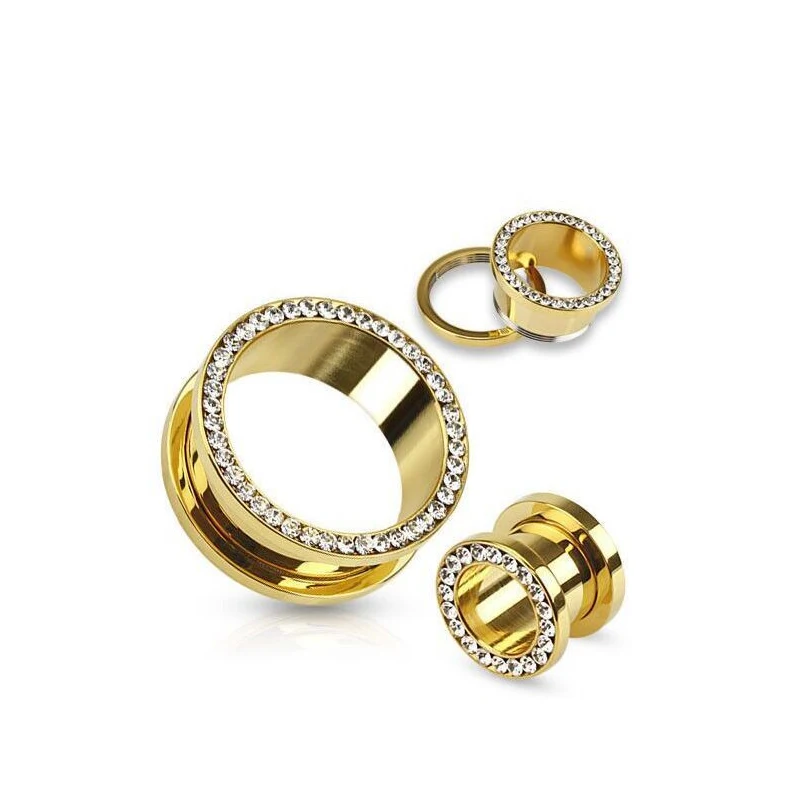 

1pair Crystal Gold Color Screw Fit Ear Plugs Gauged Body Jewelry Stretching Kit Piercing Flesh Tunnel Ear Expander Bar 3~20mm