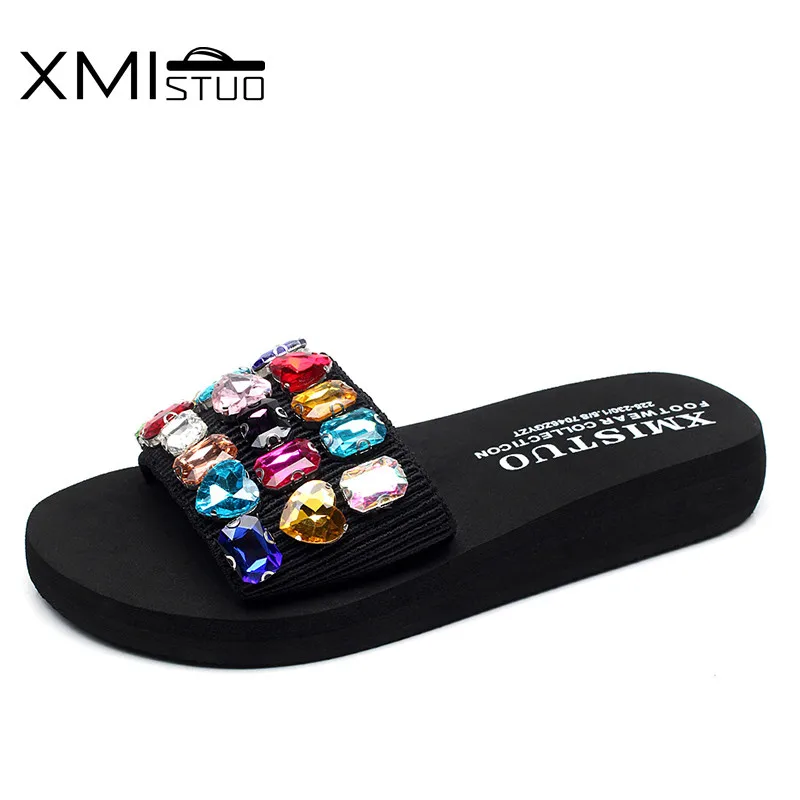

XMISTUO Fashion Women Slippers with Solid Diamond Female Summer Beach Water-resistant 3CM Low-heeled Slippers 9 Color 7167