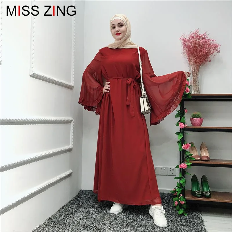 

Muslim Abaya Horn Sleeve Scollop Full Dress Maxi Abaya Skirt Kimono Loose Robe Gowns Muslim Clothing Middle East Islamic Prayer