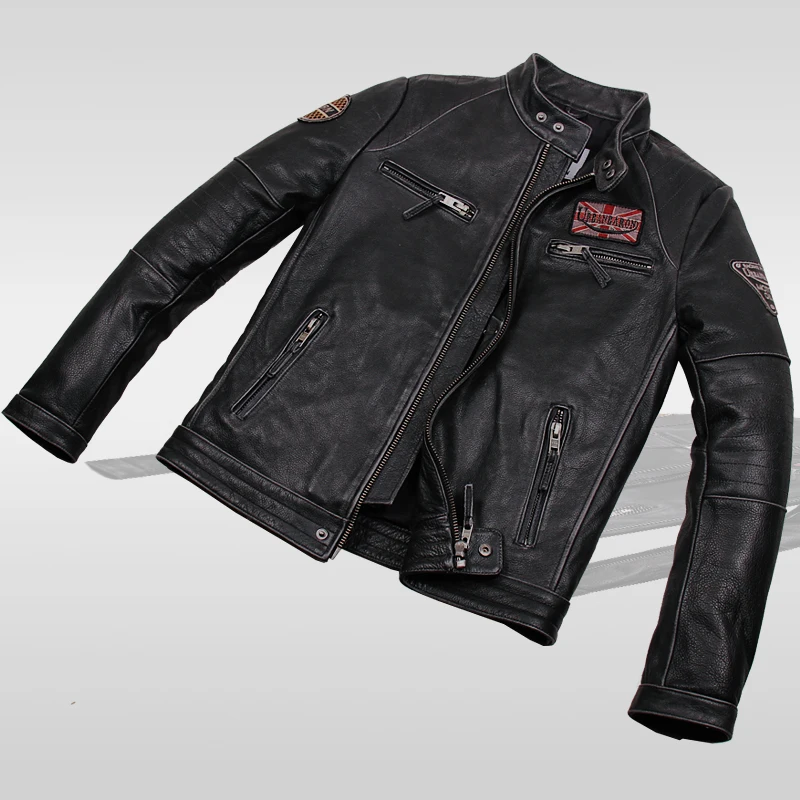 Great Value Vintage genuine cowhide leather clothing male stand collar slim outerwear for harley motorcycle biker jacket 