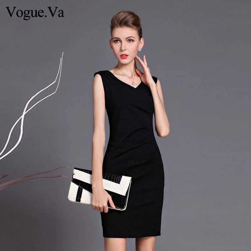 

New Fashion 2019 Summer Office Lady Black Dress Elegant Brief Sexy V-neck Sleeveless Solid Slim Women's One-piece Pencil Dress
