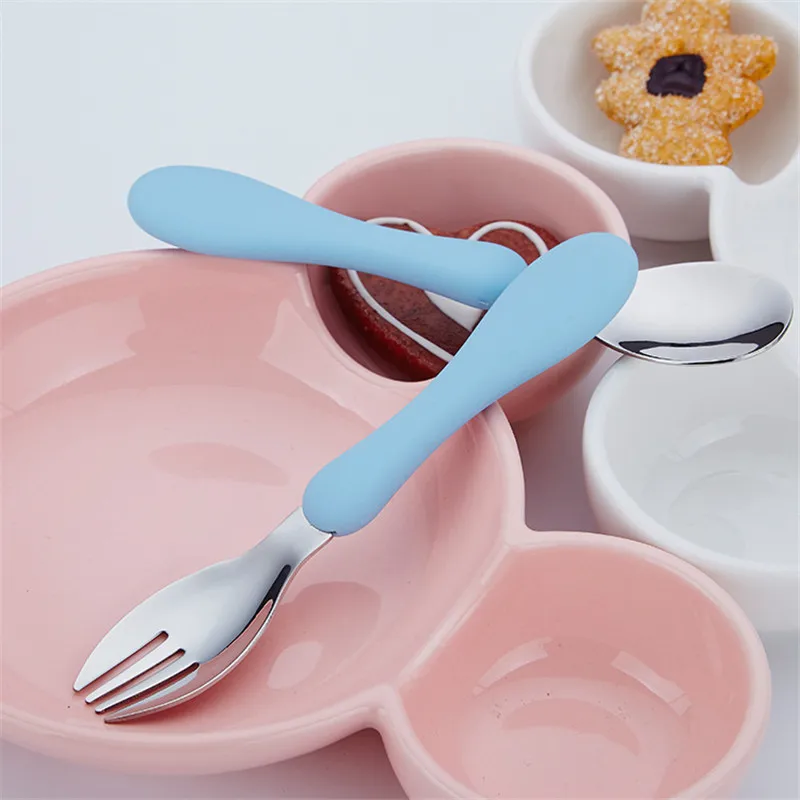 

304 Stainless Steel Kids Dinner Fork Soft Silicone Handle Flatware Baby Girl Boy Children Dinnerware