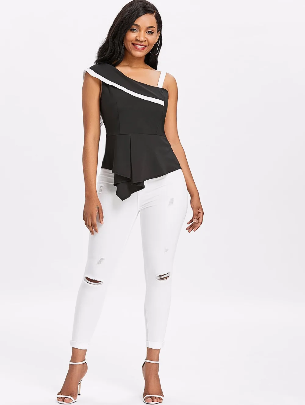 VESTLINDA One Shoulder Skew Neck Peplum Asymmetrical Black Blouse Womens Tops and Blouses Summer Top 2018 Clothes Blouse Shirt 11