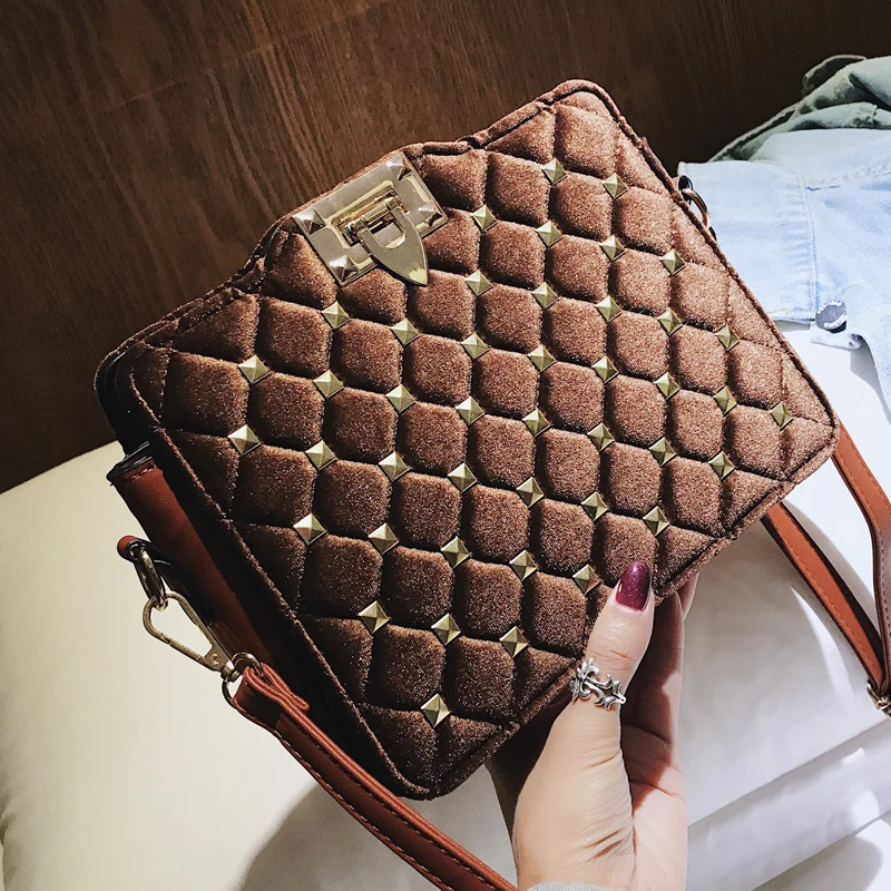 Velluto brown Femminile Borsa rosso Inverno Spalla Rosa Piazza Donne Rivetto Della Del Progettista Sacchetto Il Delle Modo colore Nero Qualità Alta Messaggero 2018 Nuovo Signore Di Plaid xI0gAg