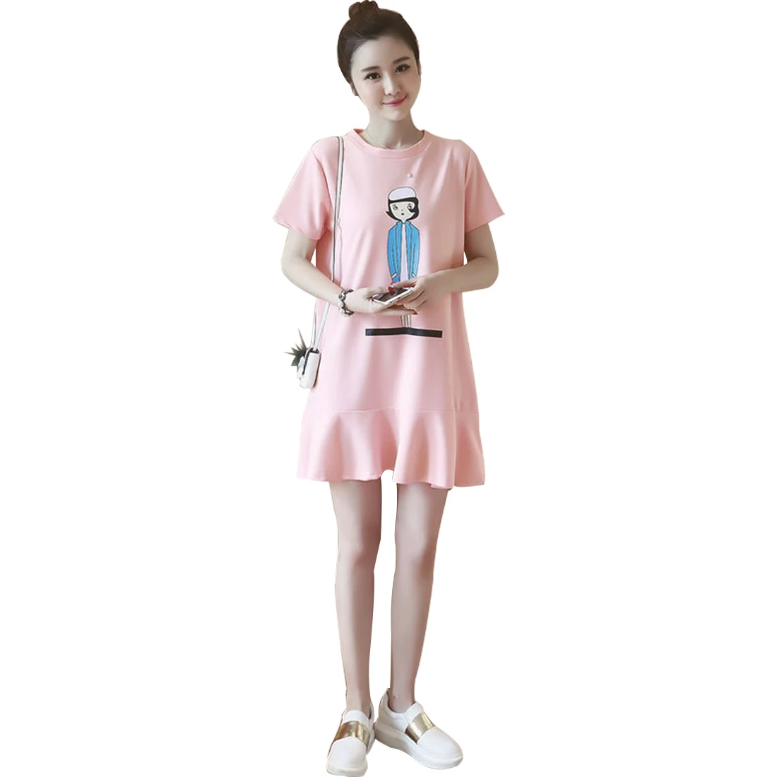 pink black Women Soft Casual New Summer Print Lady Figure Cartoon O-collar Korean Maternity Dress Pregnant woman Clothing |
