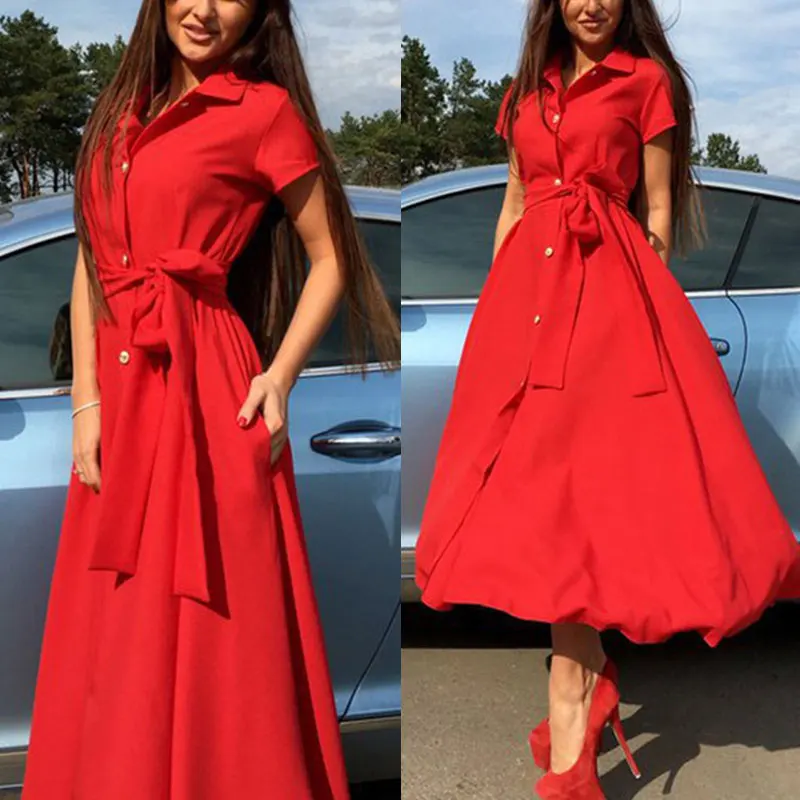 

2019 New Women Summer Short Sleeve Mid-Calf Dresses Buttons Sashes Ladies Fashion Turn-down Collar Solid Dress Size S-2XL