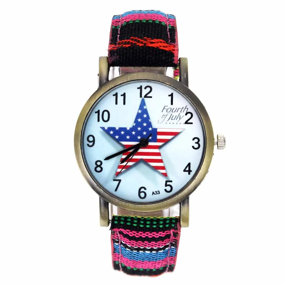Pentagram Fourth of July Celebration USA Flag Fashion Accessories Stripes Denim Cloth Canvas Band Quartz Wrist Watch 3