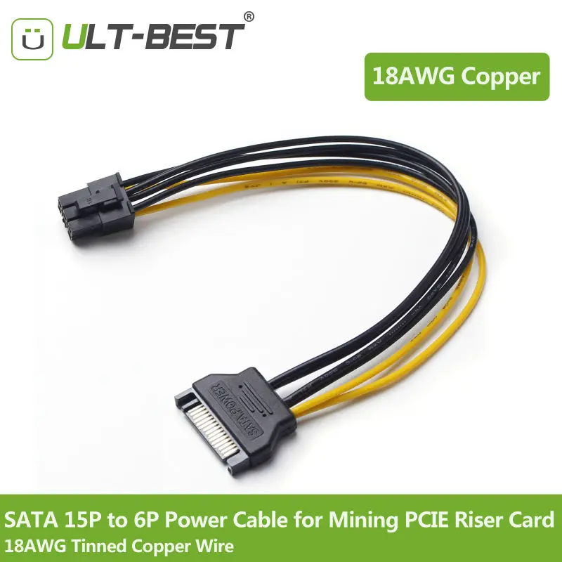 ULT Best 6 шт./лот SATA Mining Riser pci e кабель питания 15Pin до 6Pin PCI Express Card удлинительные кабели