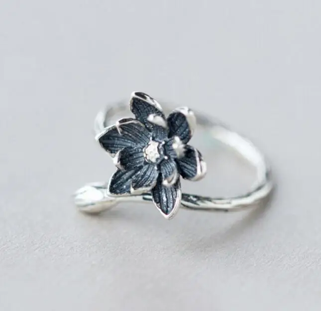 Lotus Flower 925 Sterling Silver Open Rings For Women Retro Vintage Style Lady Prevent Allergy Sterling-silver VRS2004 afbeelding