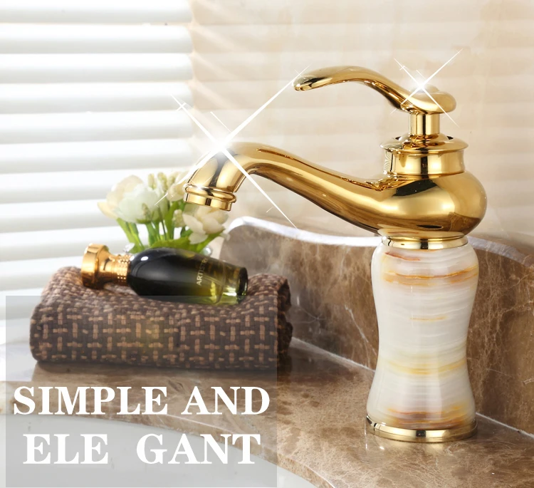 Bathroom Golden-Plated Solid Brass Jade Torneira Cozinha with Marble Basin Faucet Single Handle Hot and Cold Water Mixer Tap