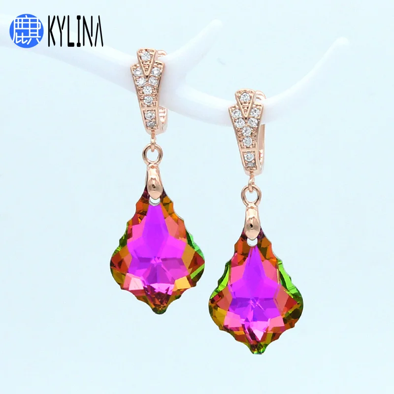 KYLINA New 585 Rose Gold Colorful Crystal Water Drop Dangle Earrings For Women Temperament Wedding Party Fashion Jewelry | Украшения и