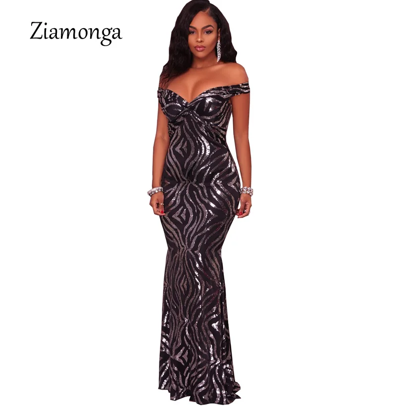 

Ziamonga Sexy Shiny Sequin Maxi Party Dress Off Shoulder Long Mermaid Floor Length Retro Evening Gown Dress Women Long Vestidos