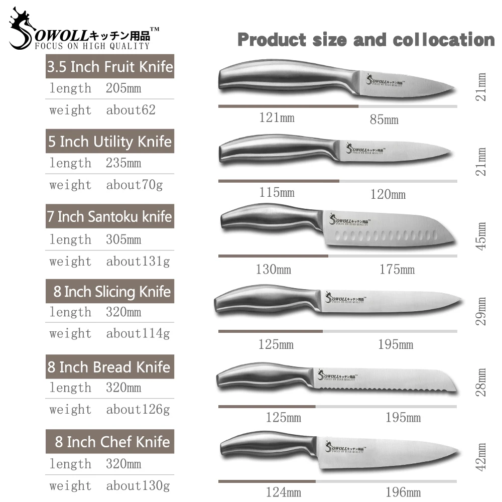 Sowoll 6 шт. набор кухонных ножей лезвие из нержавеющей стали Острый удобный изогнутый нож шеф-повара нож для нарезки хлеба Santoku кухонный инструмент