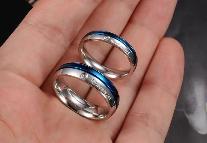 Fashion white blue Rhinestone super junior titanium steel couple rings his and hers promise ring sets free shipping