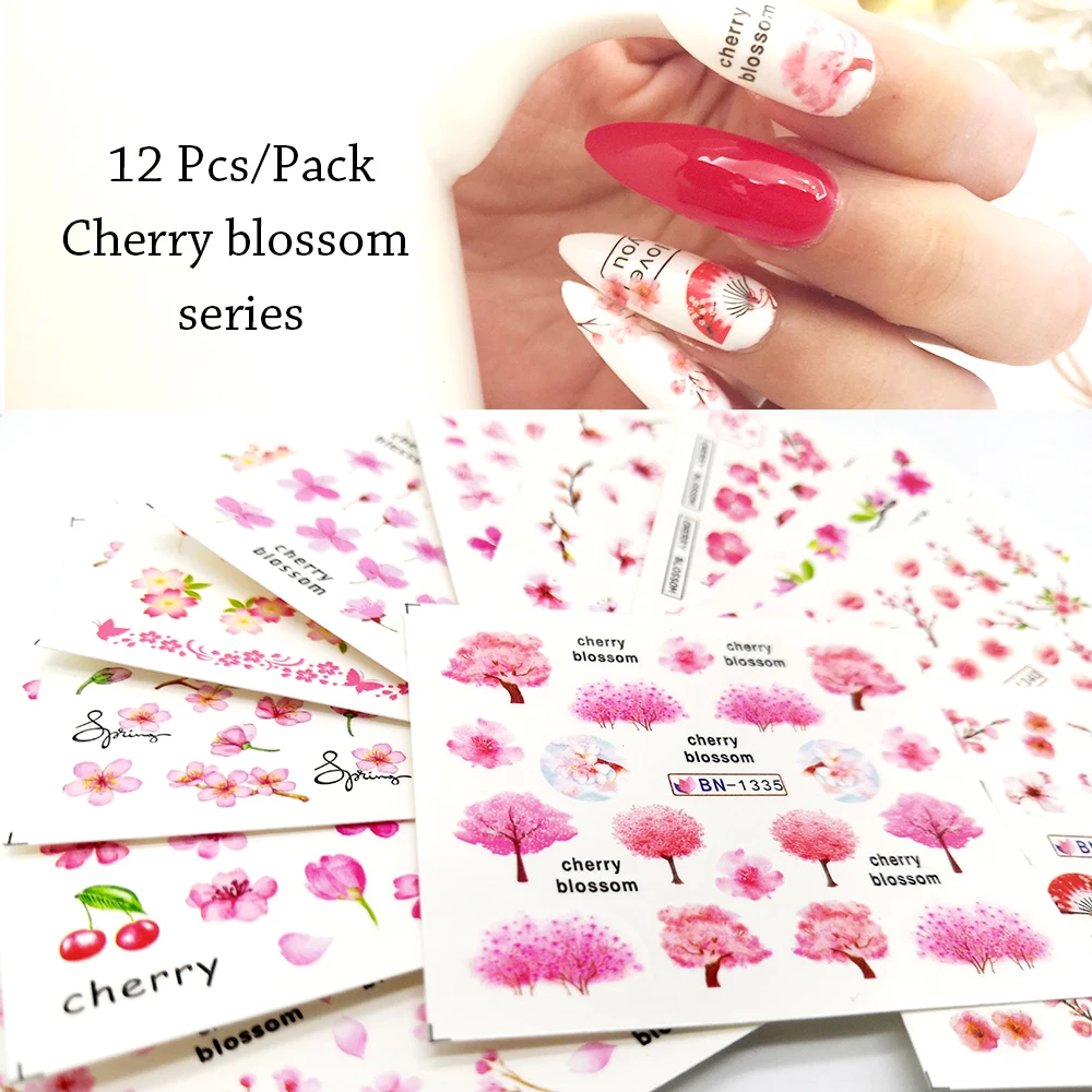 

12 Pcs/Pack Pink Cherry Blossom Series Nail Art Sticker Set Decal Slider Wraps Tips Decor DIY Manicure Water Nail Stickers New