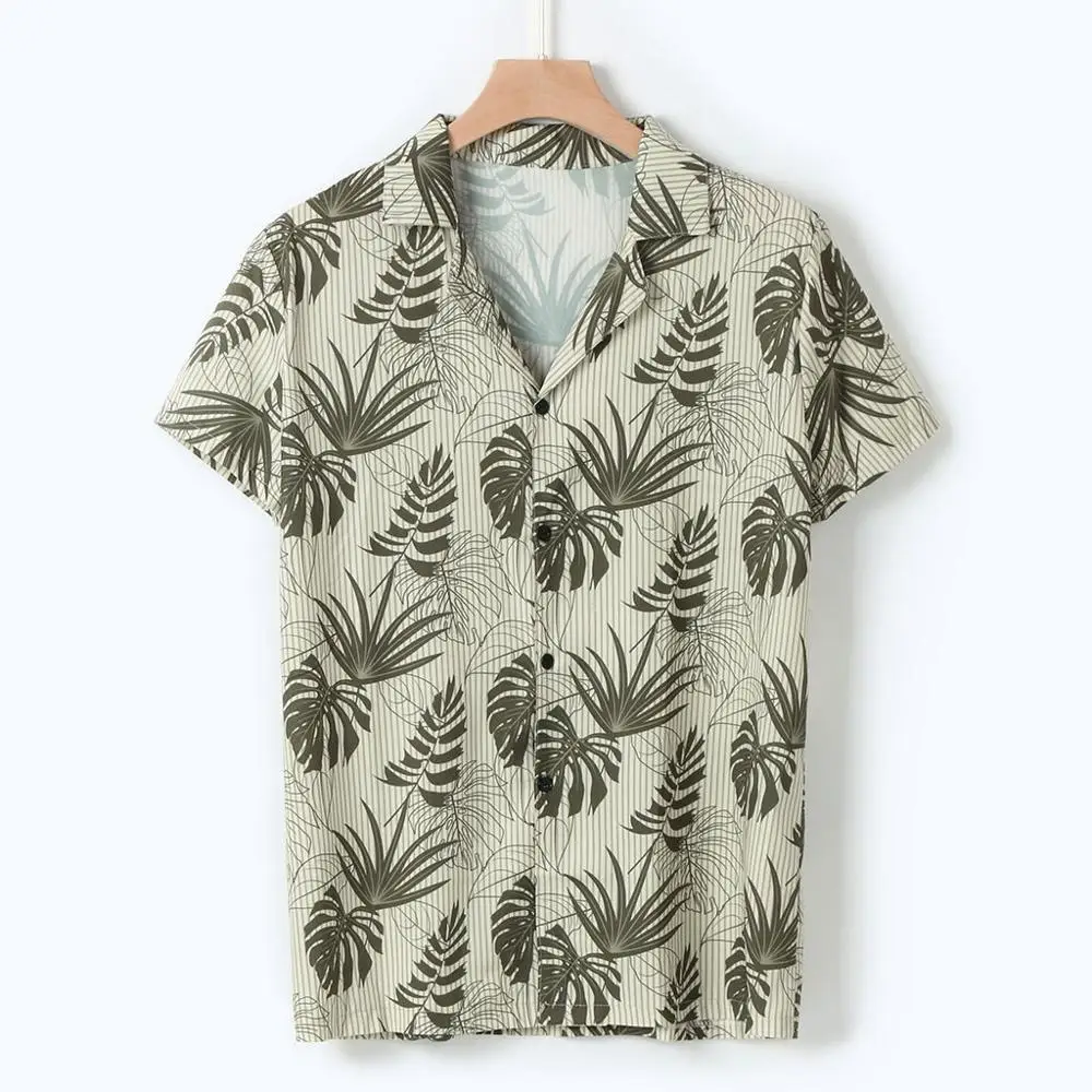 Мужская гавайская рубашка, мужская повседневная рубашка с принтом в виде кокосовых листьев, с отворотом, Пляжная, короткий рукав, летняя, тонкая, высокое качество, мужская, хлопковая, на пуговицах, camisa - Цвет: Green