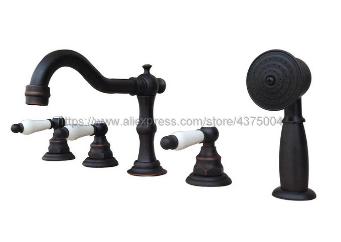 Widespread Oil Rubbed Bronze Bathroom Tub Faucet Deck Mounted W/ Hand Shower Sprayer 3 Handles 5 holes Ntf063