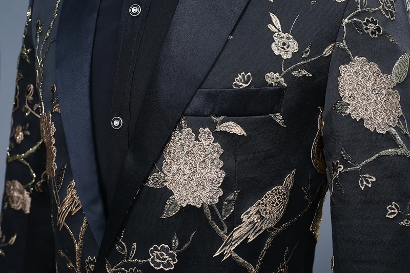 PYJTRL роскошный жаккард с цветочной вышивкой птицы узор костюмы для Для мужчин свадебные, для жениха костюм Slim Fit певица