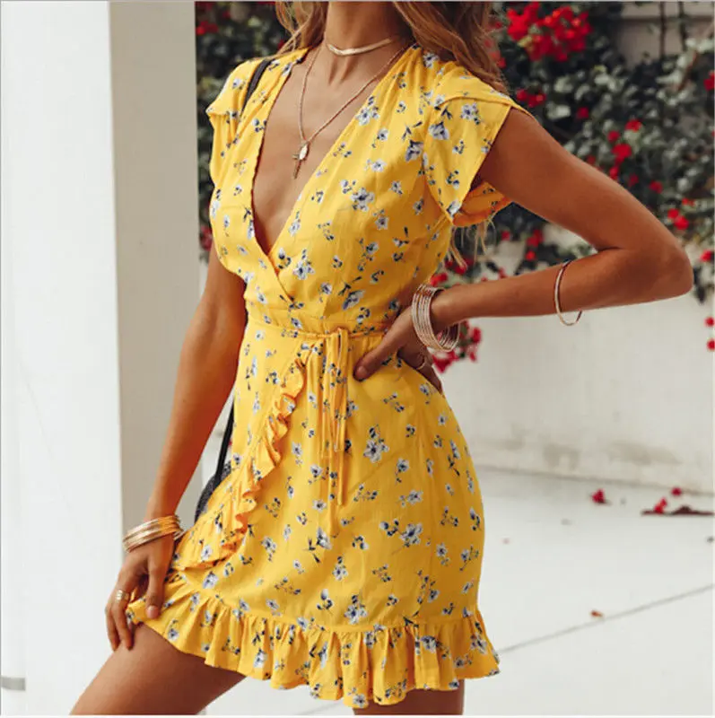 

Newly Women Ladies Summer Bohemian Party Dress V-Neck Strapless Floral Print Ruffles Yellow A-Line Mini Dress