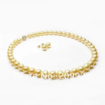 

huij 002239 TOP!AAA 9-10MM GOLD SOUTH SEA PEARL NECKLACE 18INCH 14K YG CLASP&STUD EARRING