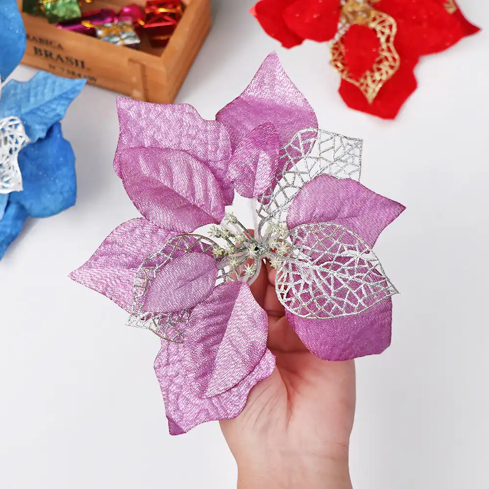 20CM Christmas Shine Poinsettia Glitter Flower Gold Bow Clip On Party Decoration