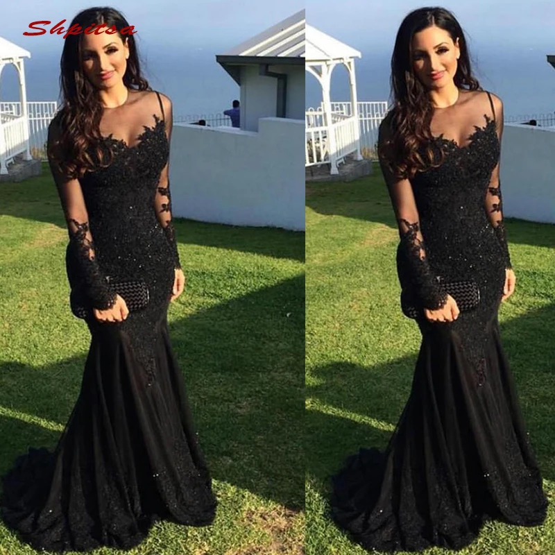 

Black Long Sleeve Lace Mermaid Evening Dresses Party Sexy Ladies Women Formal Dresses Evening Gown