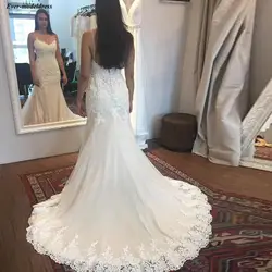 Vestidos de novia 2019 Спагетти Кружева Тюль Русалка Свадебные платья с аппликацией кнопки спинки развертки Свадебные платья на Прокат