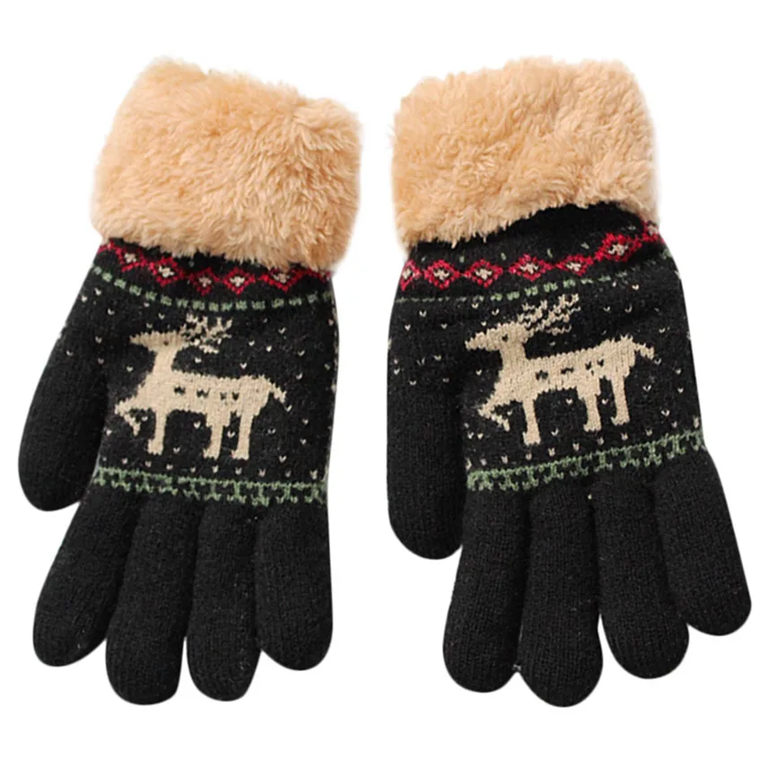 Милые перчатки для малышей, утолщенные, Рождественский с оленями, теплые зимние перчатки для девочек и мальчиков, От 8 до 13 лет, детские, Sep#2 - Цвет: Black