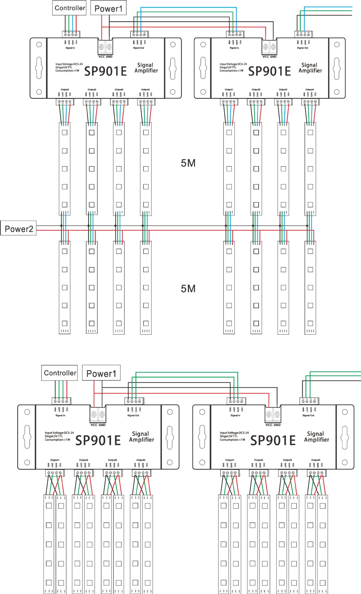 SP901E SPI выход 4 группа управления светодиодный Усилитель сигнала контрольный Лер для WS2811 SK6812 APA102 DMX512 ленточный светильник Модуль DC 5-24 В