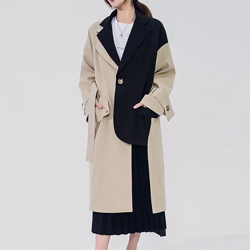 

2019 New Spring Women plus Long Windbreaker Fashion Casual stitching Women trench Coat Temperament Retro Slim Top with belt C240