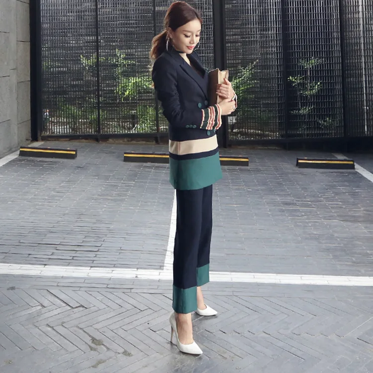 Blazer Jacket 2 Piece Set Long Pants Suits Office Uniform Designs Women Autumn Patchwork Double Breasted Female Business Suit