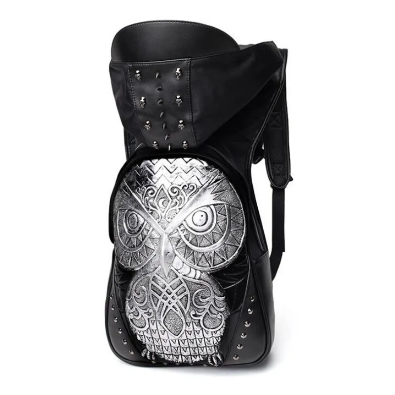 

With a hat Backpack Fashion Rivet Men Shoulder Bag 3D Owl Pattern Pu Leather Backpack Travel Bag Hight Capacity Waterproof Cap