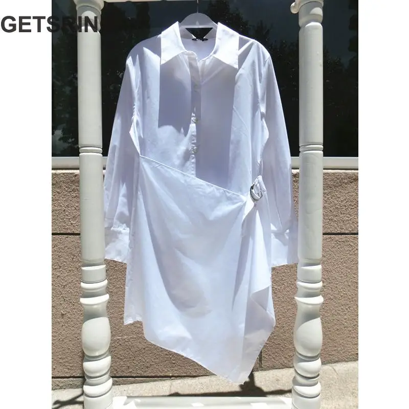 

GETSRING Women Blouses Cotton White Shirt Irregular Women Tops Long Sleeve Women Asymmetrical Top White Loose Long White Shirt