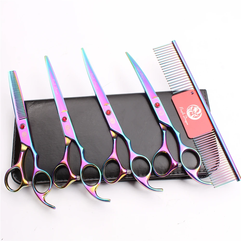

Z3003 5Pcs Set 7'' Multicolor Professional Pets Hair Steel Comb + Cutting Shears + Thinning Scissors + Dogs Cats Curved Shears