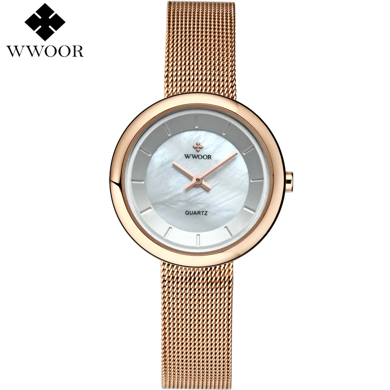 Бренд wwoor 2017 ДАМЫ розовое золото кварцевые часы Роскошный Браслет Часы с тонкой сплав ремень Для женщин модные повседневные платья Часы