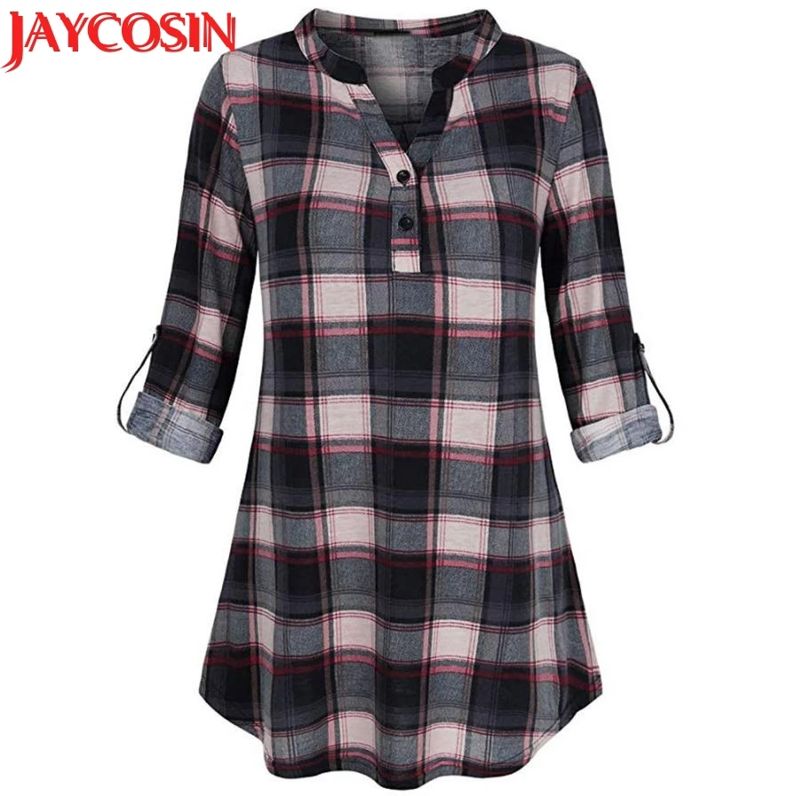 

t shirt 2018 Women's Split V Neck Long Sleve Casual Roll-up Plaid Tunic Tops women t-shirt Dropshipping July 24